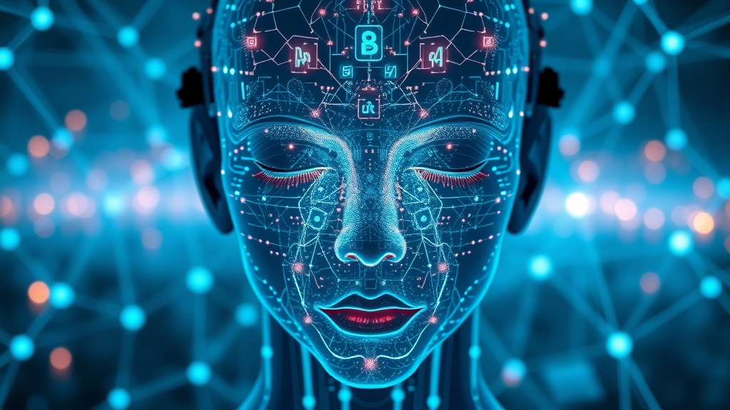 Futuristic AI with glowing data streams and neural network, illustrating machine learning algorithms powering predictive content personalization.