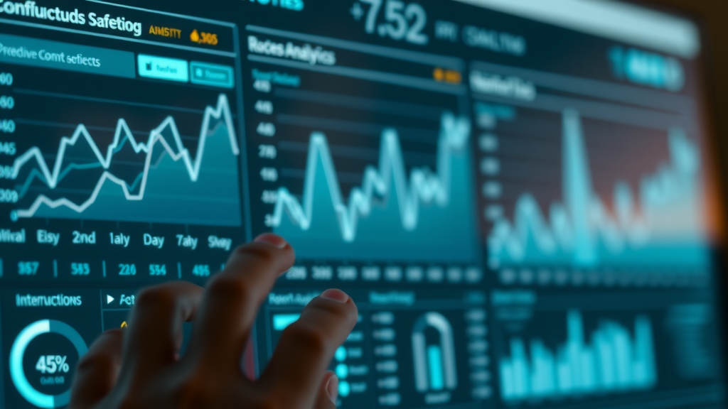 Digital dashboard showing real-time predictive analytics, KPIs, conversion rate, and ROI for marketing efforts.