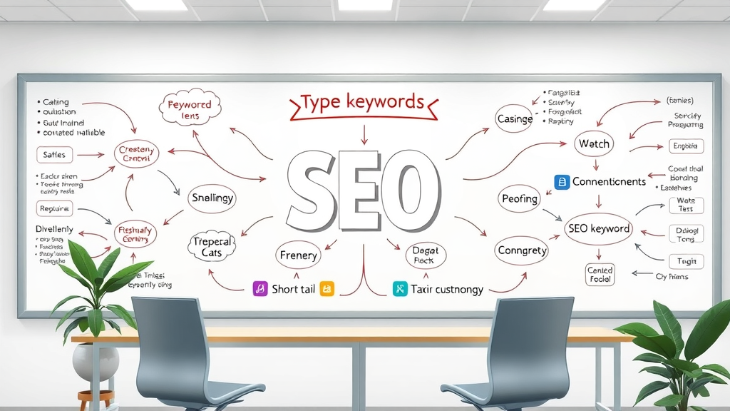 Infographic visualizing types of SEO keywords: short-tail, long-tail, branded, LSI, with flowcharts and segmented bubbles, light pastel palette