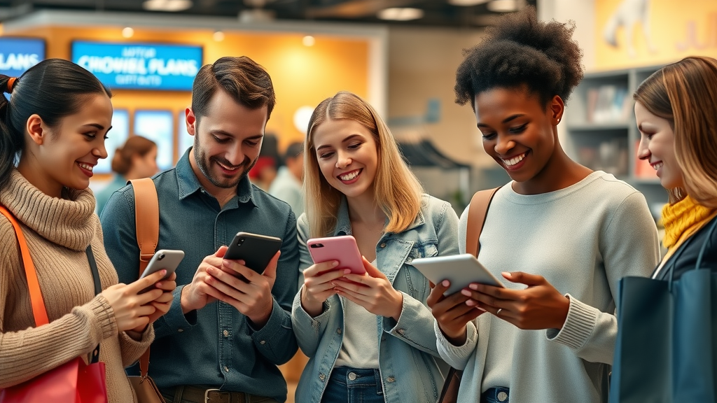 personalized content generation happy diverse customers browsing tablets personalized offers