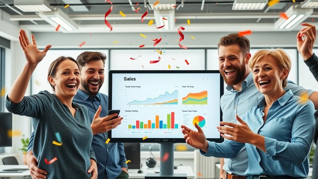 happy e-commerce marketing team celebrating increased sales using marketing automation tools