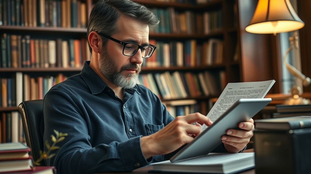 Editor reviewing in-depth SEO article drafts for comprehensive content creation