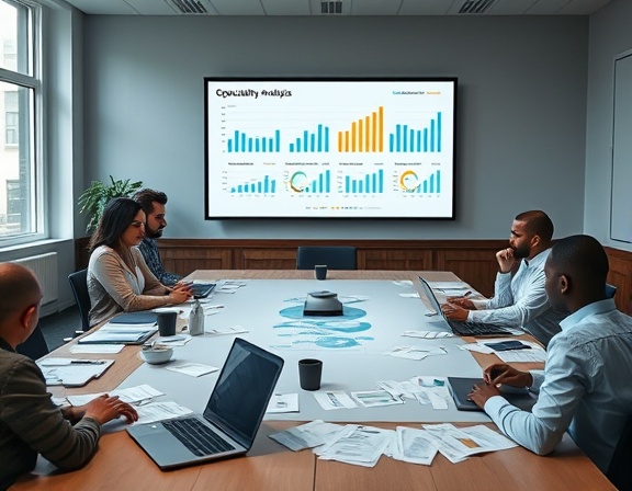 opportunity analysis, focused and analytical, evaluating metrics, photorealistic, boardroom with a large screen displaying statistics, highly detailed, papers and laptops scattered, high definition, cool tones, natural window light, shot with a 50mm lens.