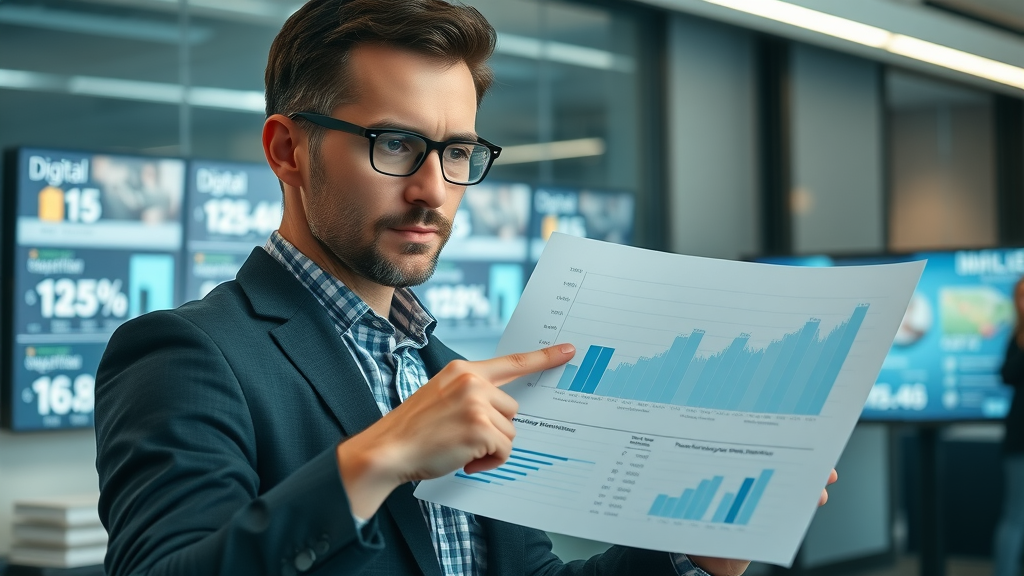 Professional marketer analyzing Houston digital marketing data charts, comparing digital and traditional marketing, modern office, city-specific metrics