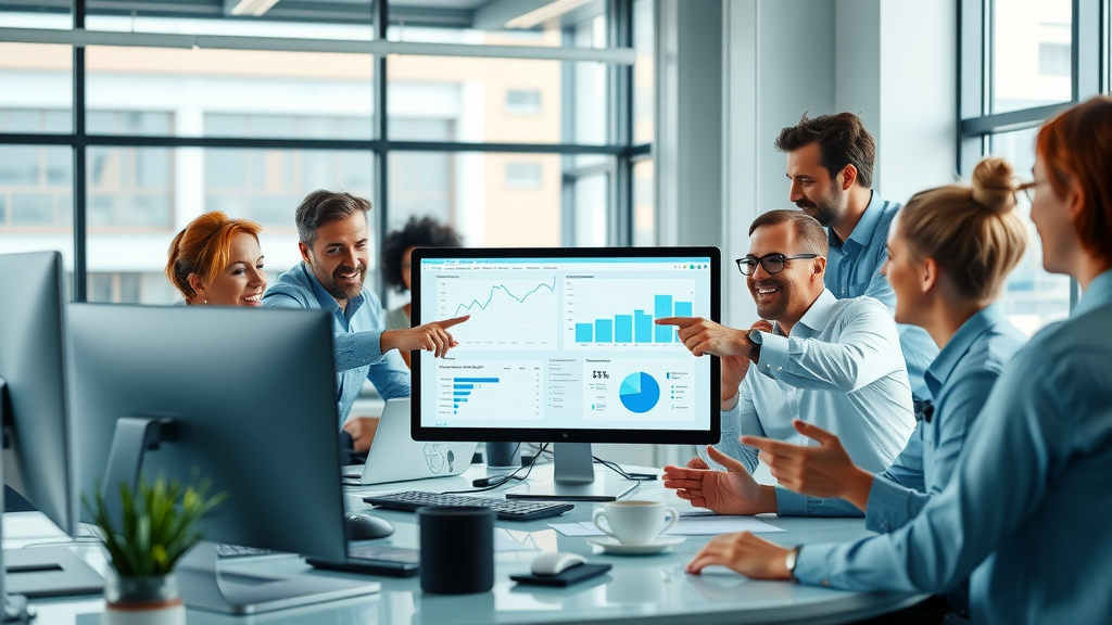 dynamic team of marketers collaborating around computers using AI content generation tools, discussing viral content ideas