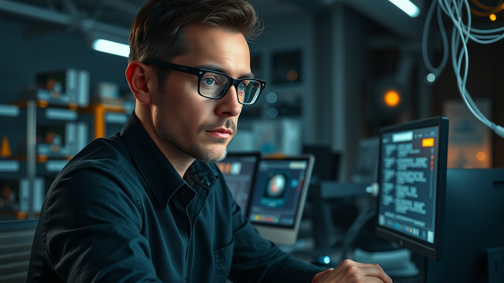 Marketer analyzing complex AI marketing tool integration issues in a futuristic workspace with data streams interconnecting devices