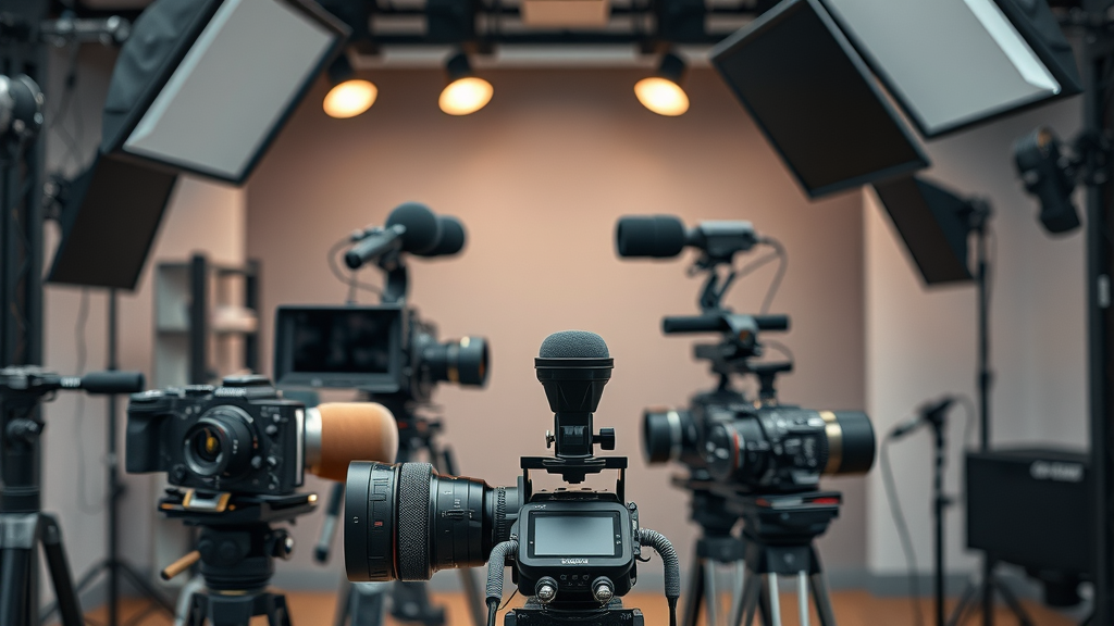 High-tech professional content creation studio with cameras and lighting gear