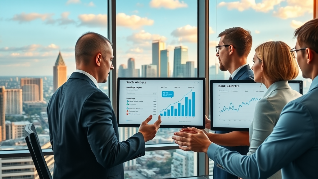 AI content optimization Houston digital marketing with Houston skyline and SEO analytics