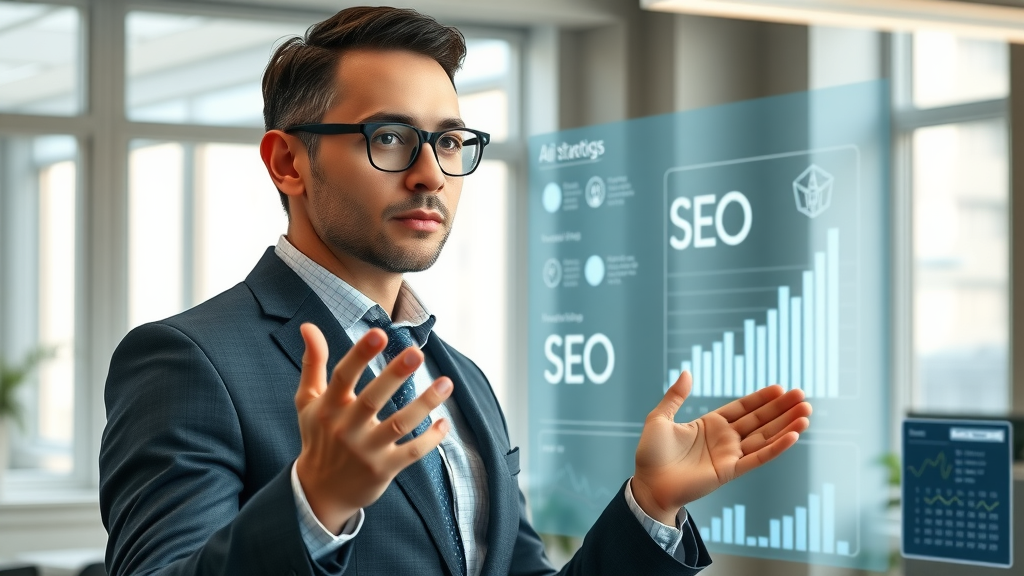 AI SEO tool: Modern business professional presenting AI-powered SEO strategies on digital board with SEO graphs and AI icons