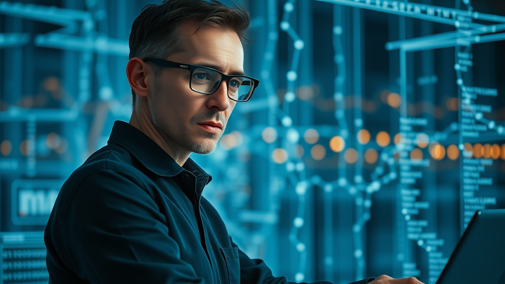 machine learning infrastructure: Expert analyzing neural networks and streaming data flows in a digital workspace