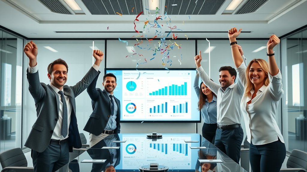 Corporate marketing team celebrating success with generative engine optimization marketing results on digital dashboards