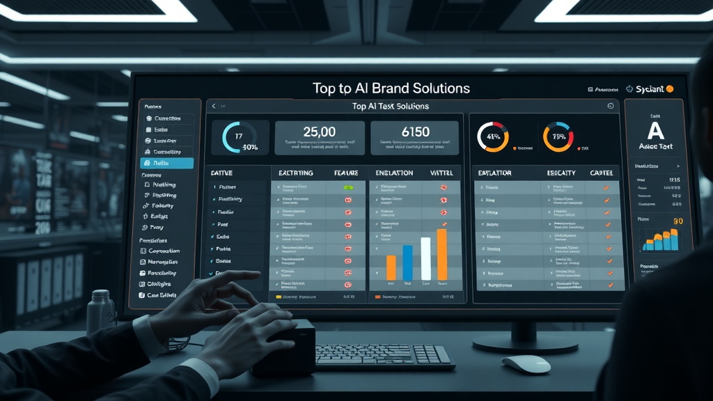 Sleek digital dashboard comparing top AI brand authority solutions for Houston businesses, analytical interface showing features and success scores