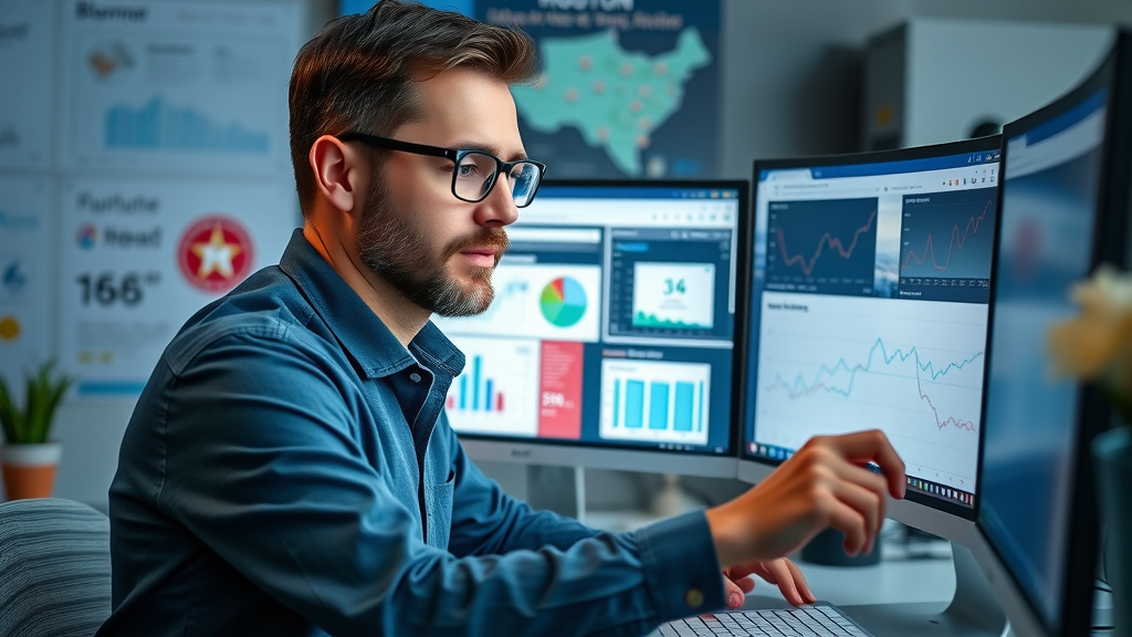 SEO strategist analyzing content strategy Houston traffic data at a Houston agency workspace