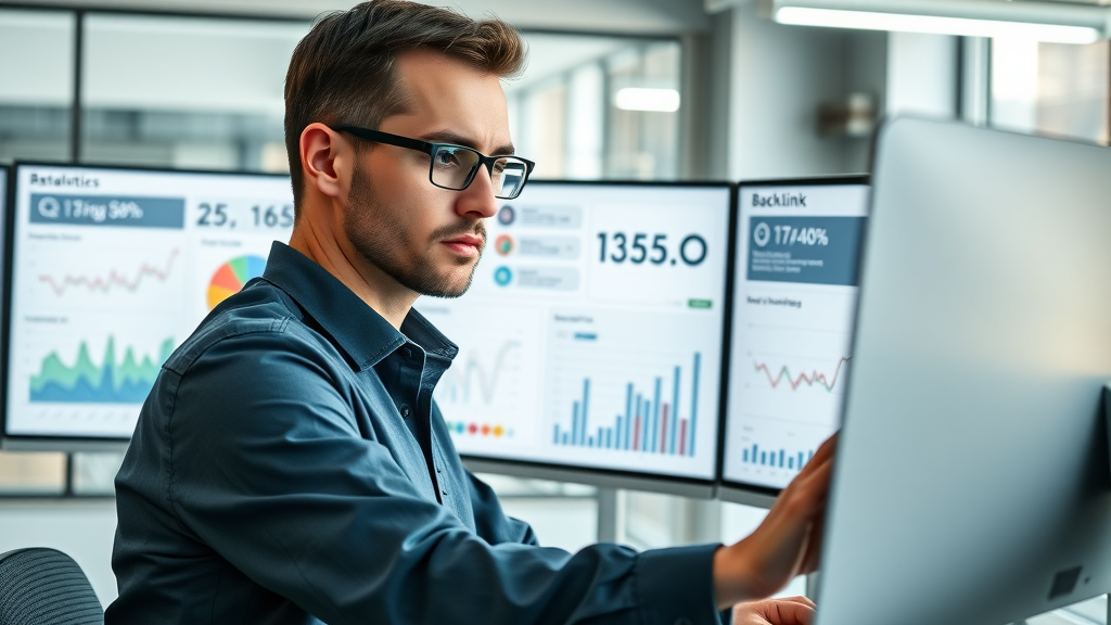 SEO analyst reviewing backlink graphs and metrics dashboard for blog-based link building