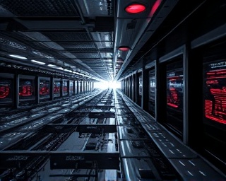 stratalyst technological timeline, insightful expression, tracing development, photorealistic, modern research facility, highly detailed, digital holograms, interconnected pathways, monochrome with hints of red, moody overhead lighting, shot with a macro lens