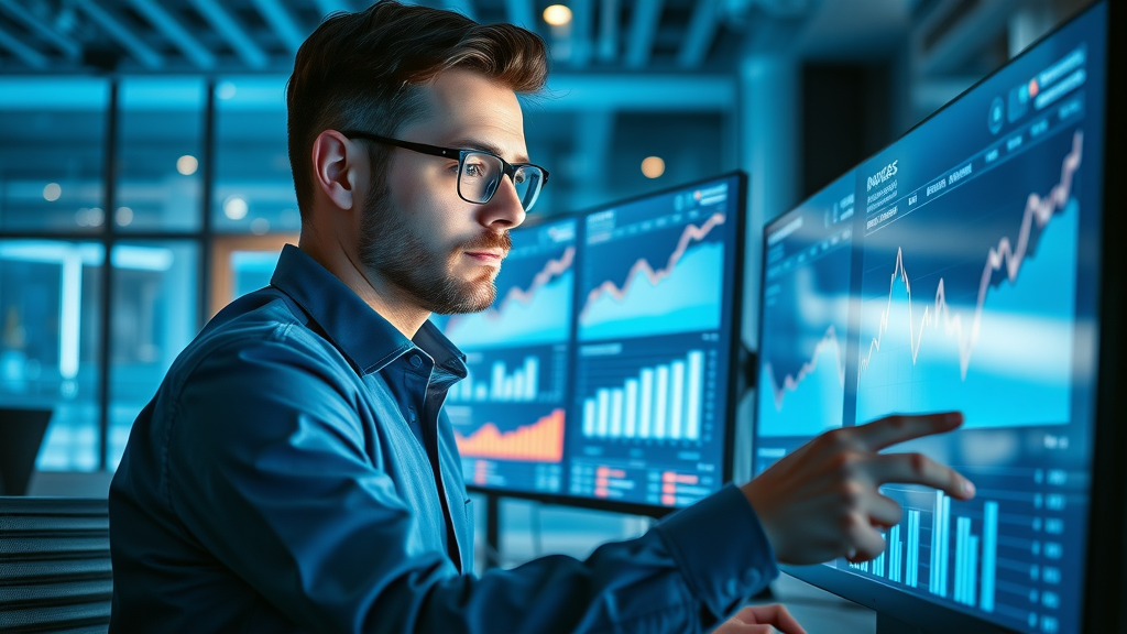 Digital marketing specialist in Houston analyzing website analytics dashboard for content personalization. Large monitors display blue glowing graphs, with Houston skyline view from tech-centric office.