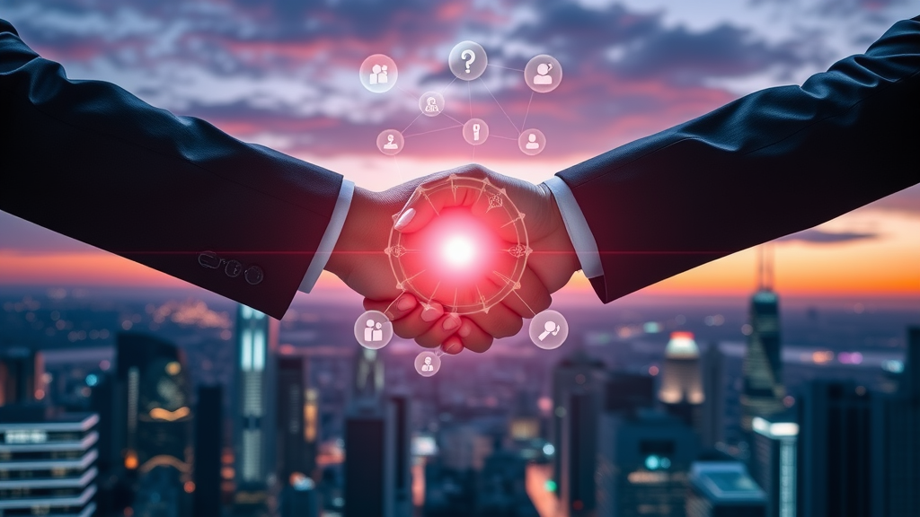 Business professionals shaking hands over digital backlinks network symbolizing SEO ranking factor growth