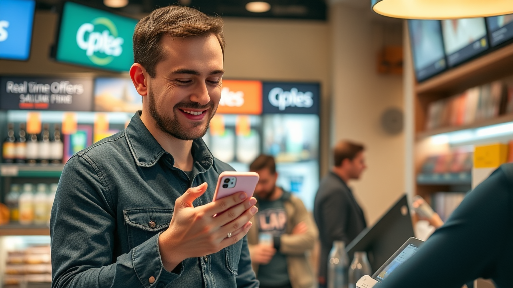 customer purchasing with real-time predictive analytics product offers at retail POS, phone displaying dynamic offer