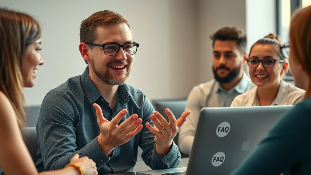 helpful SEO professional explaining blog-related FAQs to a small group