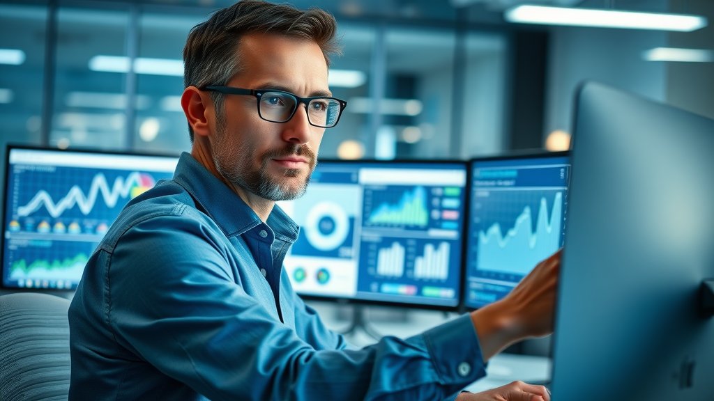 marketing analyst reviewing predictive analytics charts powered by artificial intelligence in marketing
