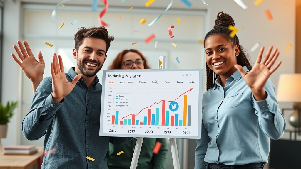 content creators digital marketing team celebrating AI-generated content analytics