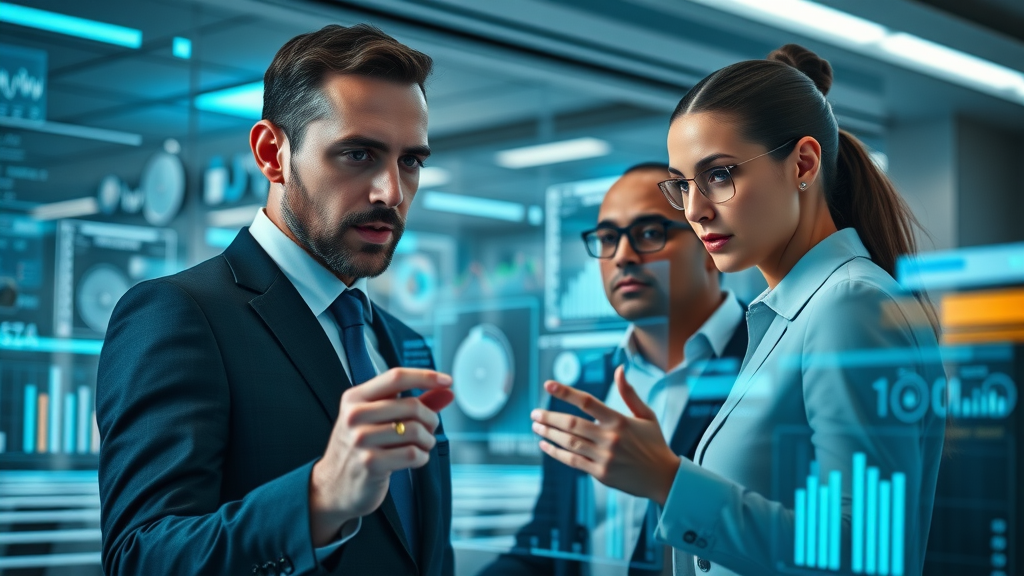 AI marketing strategy team collaborating around a digital marketing dashboard with interactive analytics in a modern office, futuristic graphics