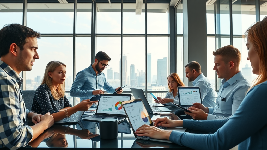 Houston marketing team using automated marketing tools in a modern office with analytics dashboards and downtown skyline.