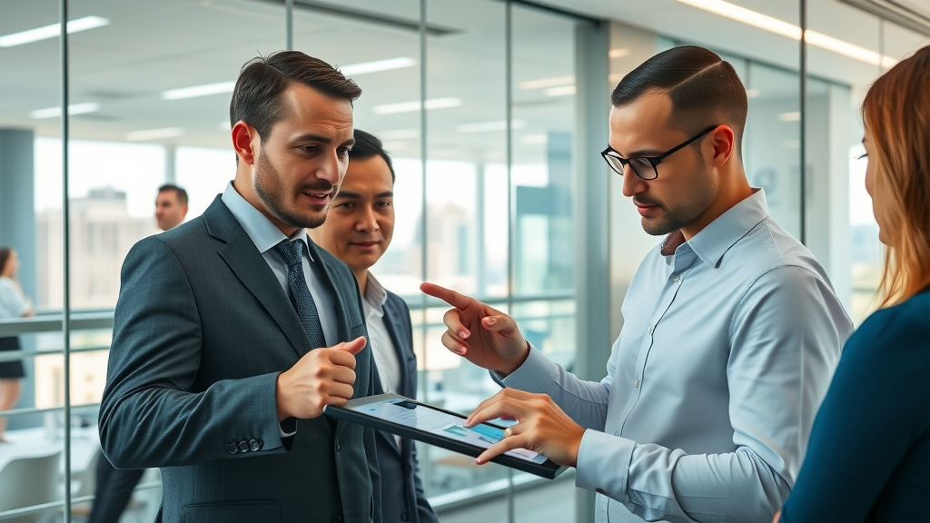Business professionals in a modern Houston office reviewing marketing data strategies for content personalization Houston. Glass walls reveal Houston skyline, natural daylight, and collaborative use of digital screens.