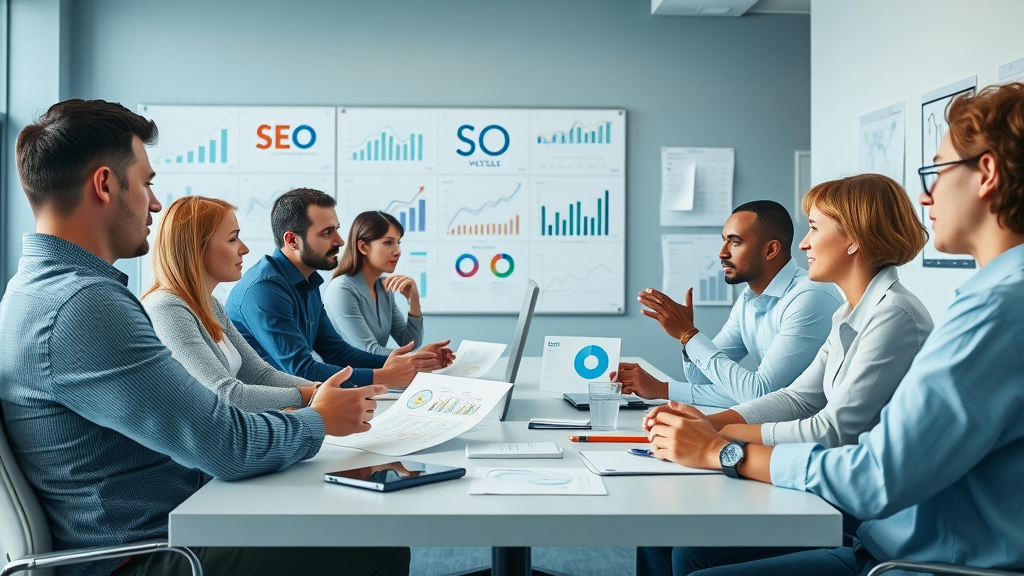 Professional marketers brainstorming search engine ranking factors and SEO ranking strategies in a modern office setting