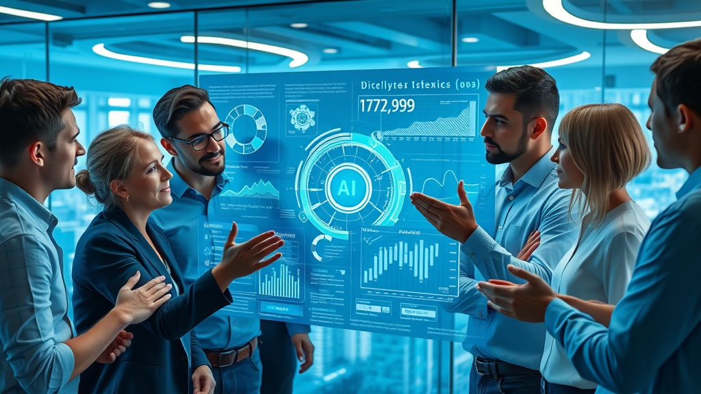 Innovative Houston marketing team brainstorming with AI analytics on a transparent digital screen, futuristic office overlooking city, representing social media and search engine integration