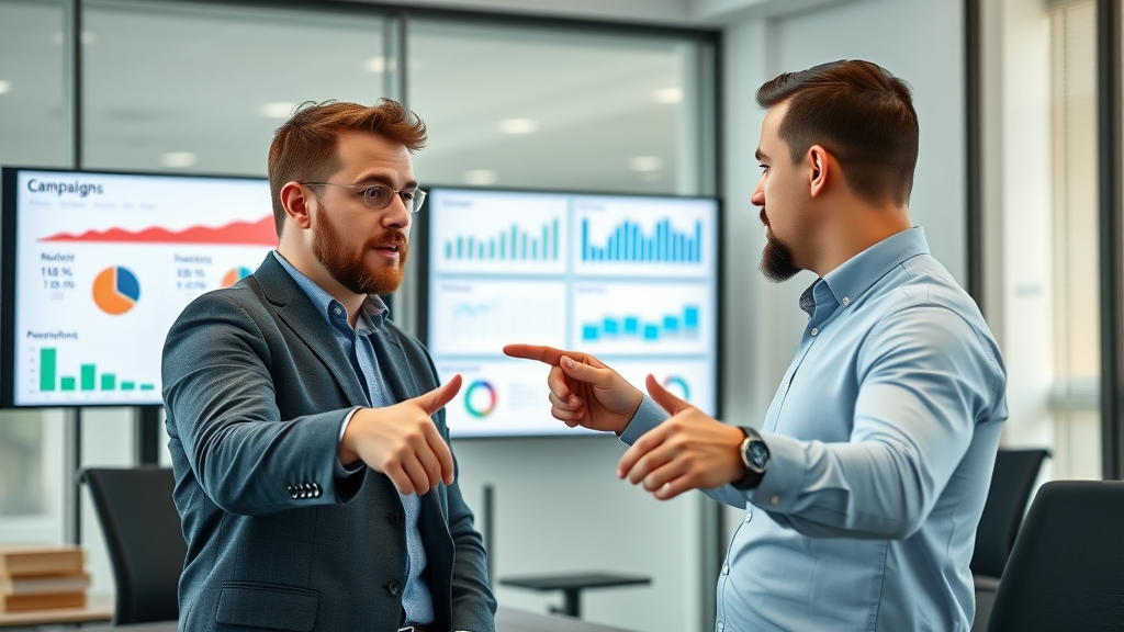 Marketing team reviewing AI-driven campaign analytics in modern conference room
