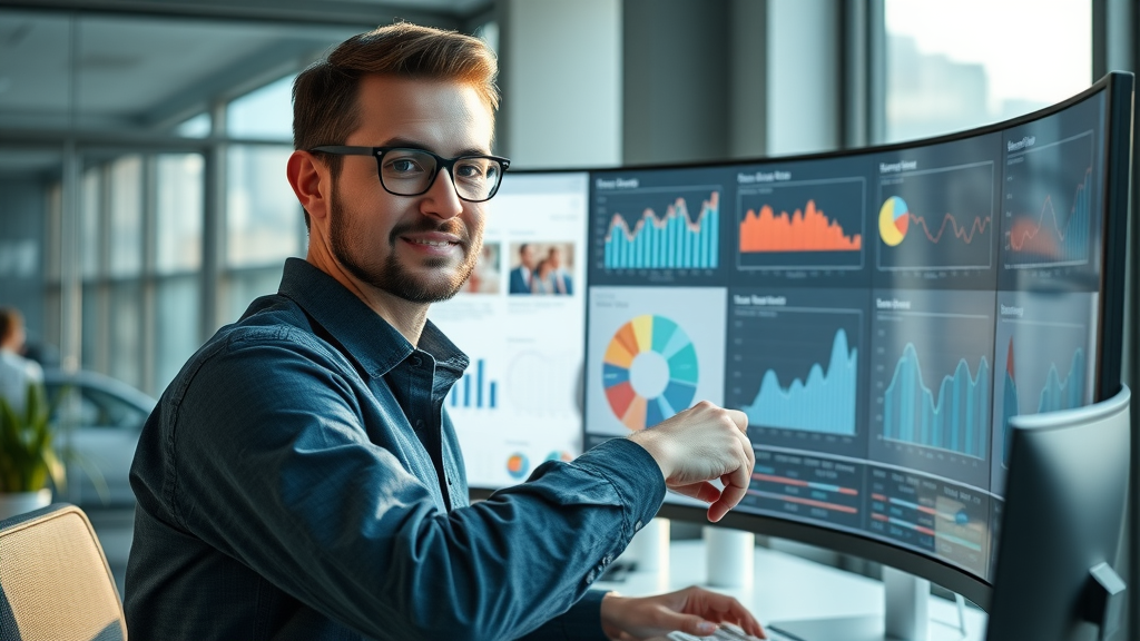 tech-savvy marketer using AI-powered analytics dashboard, content performance, blog post insights, predictive analytics, modern workspace