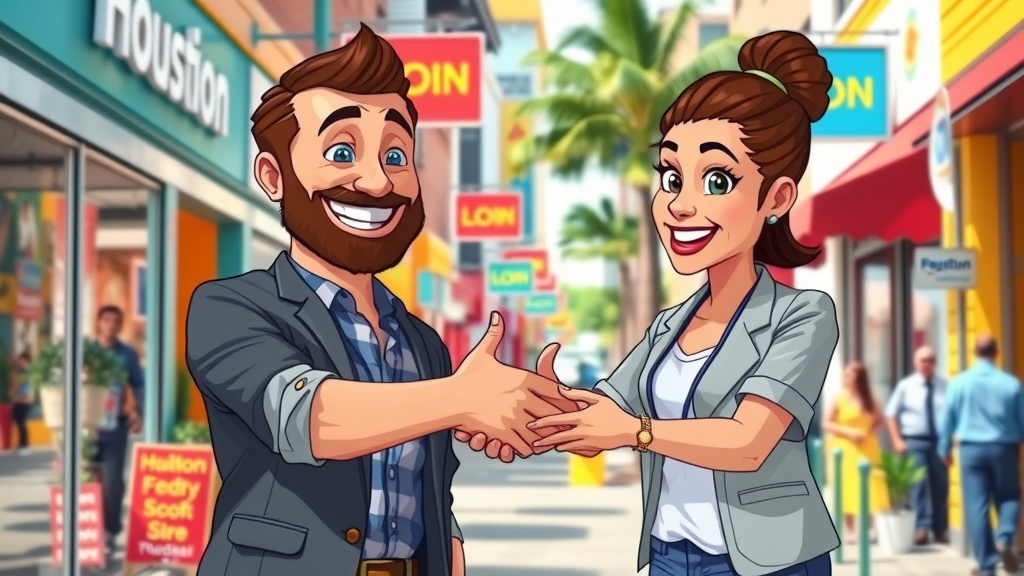 Small business owner in Houston celebrating partnership with marketing expert, successful predictive content strategy for digital marketing services.