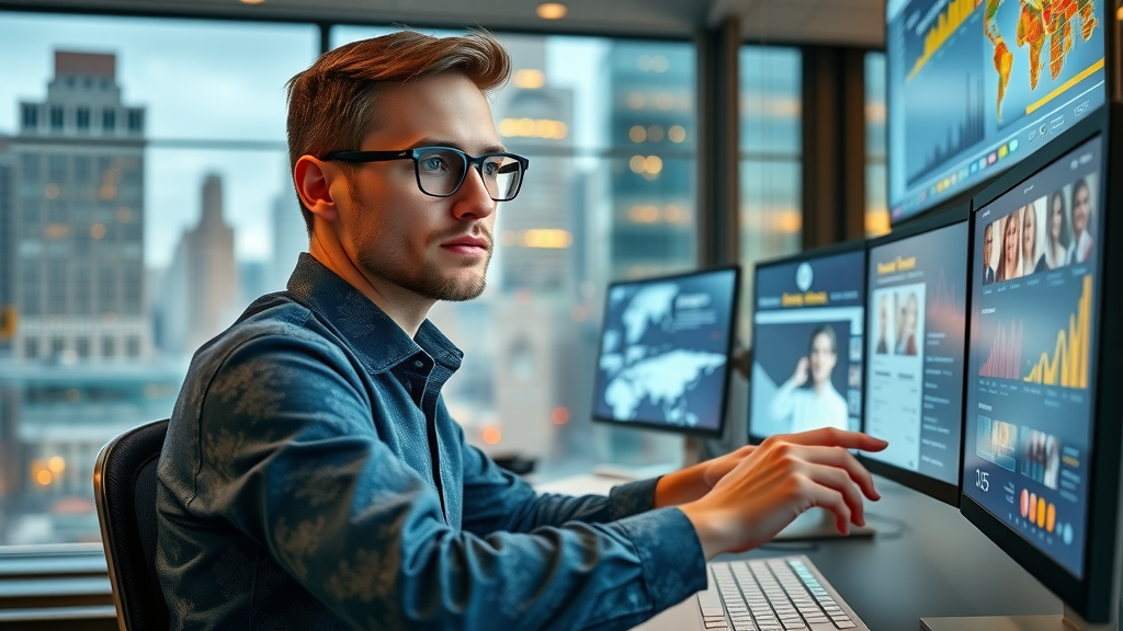 vibrant social media manager crafting posts with AI assistance, trending topics, AI-powered content, digital marketing, real-time analytics