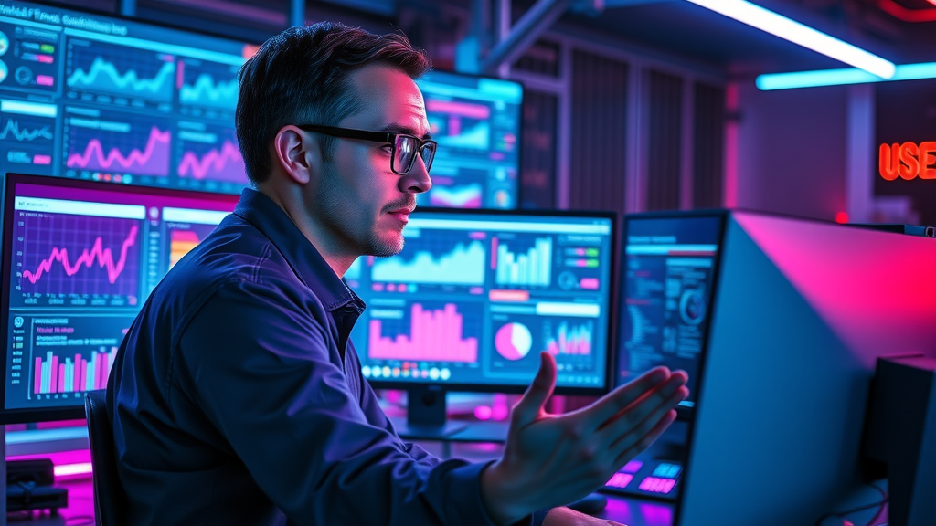 Digital marketer using AI-powered multi-screen setup to monitor and optimize social media campaigns across multiple channels