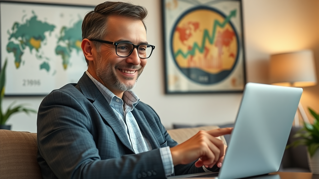 Houston business owner reviewing positive digital marketing analytics tied to predictive content strategy on a laptop. Content strategy for measurable ROI.