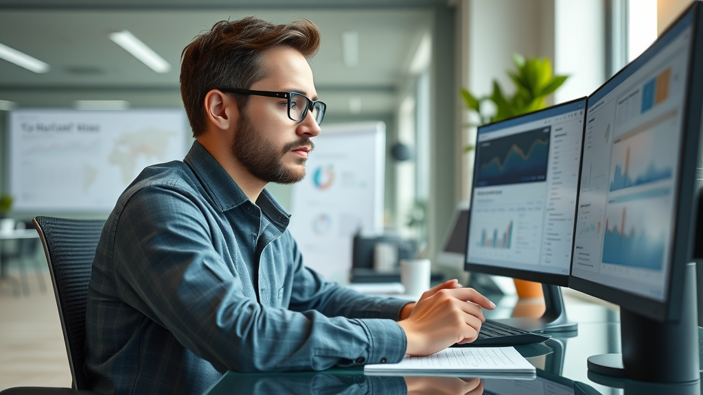 content creation creator interacting with an ai-powered dashboard in modern workplace