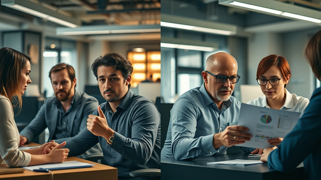 side-by-side predictive analytics marketing team with digital tools versus traditional paper-based marketing team, contrasting environments and dynamic elements