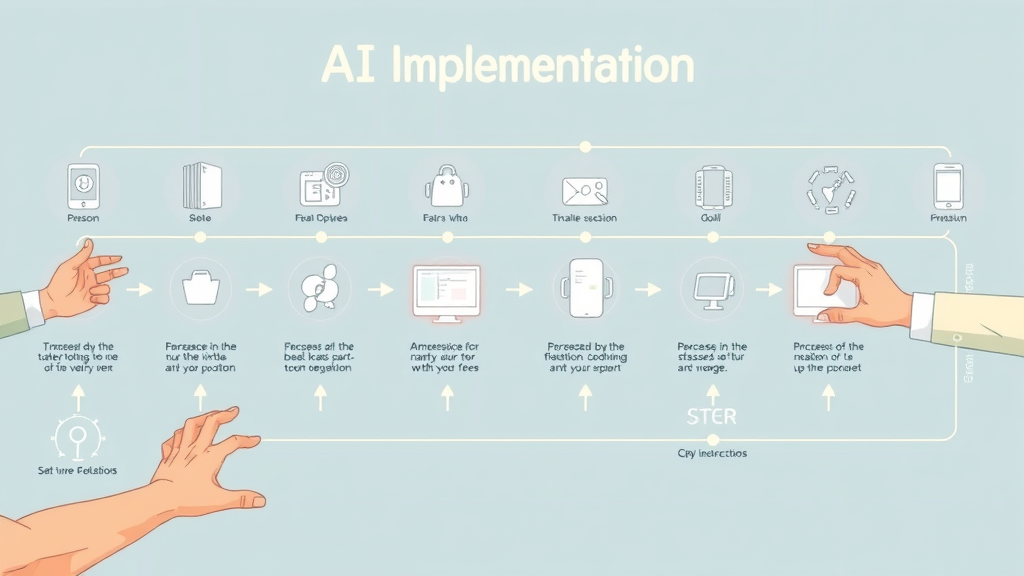 Detailed AI-driven brand authority Houston implementation guide flowchart with hands interacting with digital icons, minimalist workspace