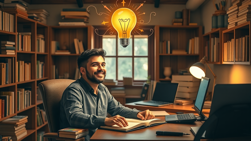 content creator inspired by AI content generation tools, illuminated idea bulb above head