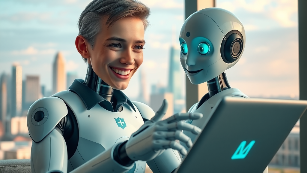 AI chatbot assisting customer with digital device and Houston skyline in background