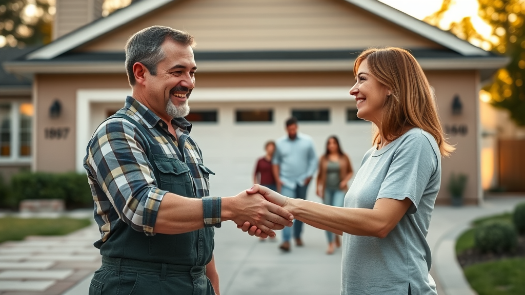 smiling contractor shaking hands with homeowner after successful home improvement project