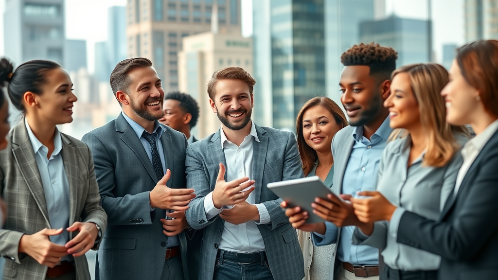 Dynamic Houston business district, confident diverse business professionals discussing digital marketing results, Houston digital marketing office, city skyline, motion blur, vibrant daylight