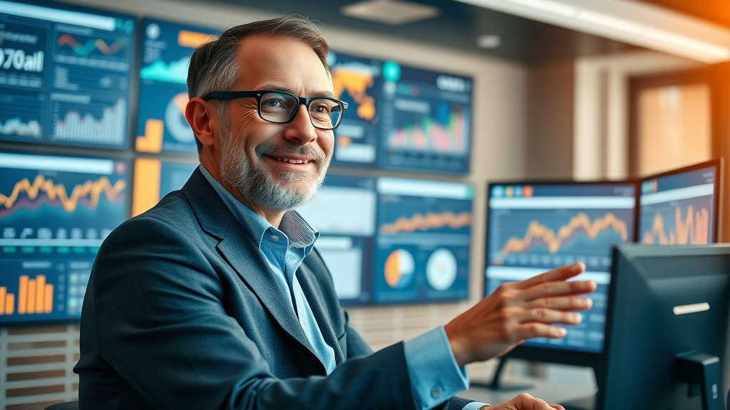marketing leader managing automated authority building tools on a digital dashboard for business growth