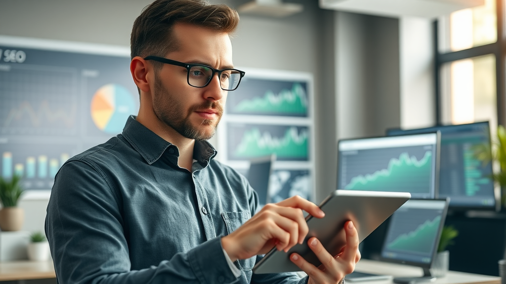 natural language processing SEO marketer reviewing analytics with SEO charts and coding screens