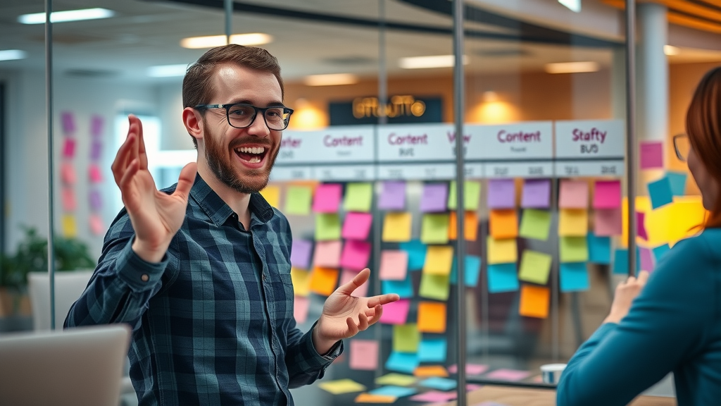 Team brainstorming content calendar for SEO content creation, using sticky notes to plan content strategy