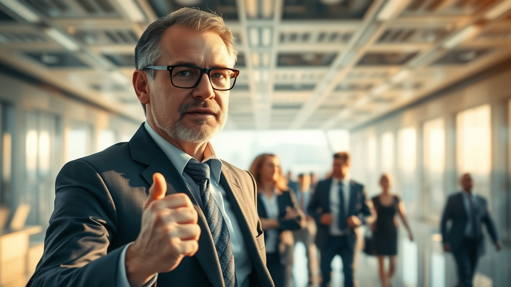 Visionary business leader guiding team into future with generative engine optimization marketing, digital horizon in background