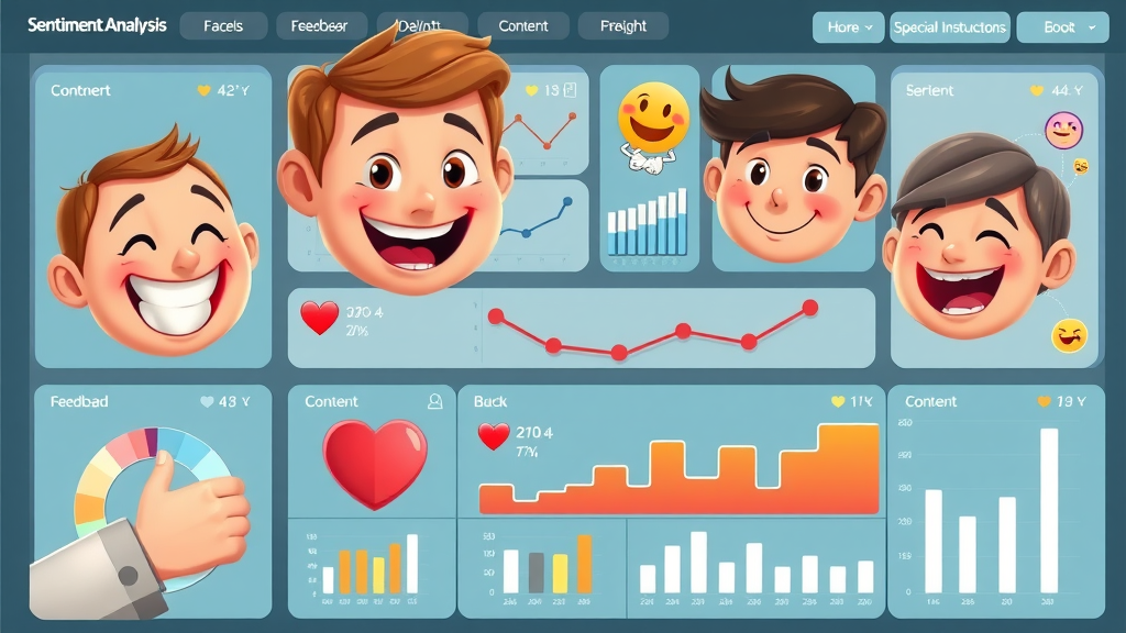 Creative sentiment analysis dashboard with expressive emotion icons and content engagement metrics using NLP for content