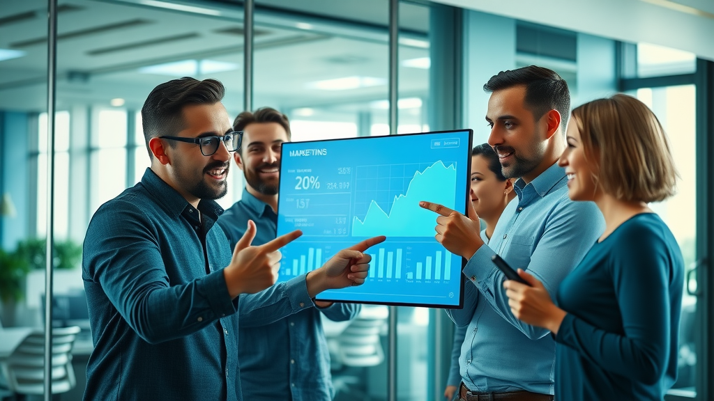 inspirational marketing team reviewing AI-generated statistics enhanced by artificial intelligence in marketing