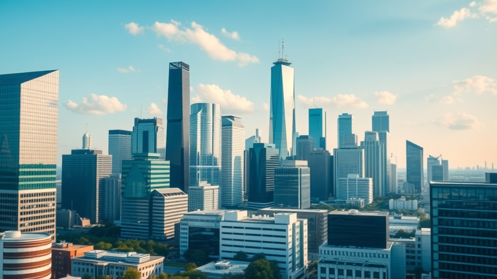 modern Houston skyline with advanced AI technology, bustling city, glass buildings shimmering, power plants and data centers in backdrop, tilt-shift, photorealistic, daylight, no disfigured features